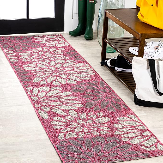 JONATHAN Y Floral Textured Weave Indoor Outdoor Runner Rug 2X10 Fuchsia/Light by JONATHANY