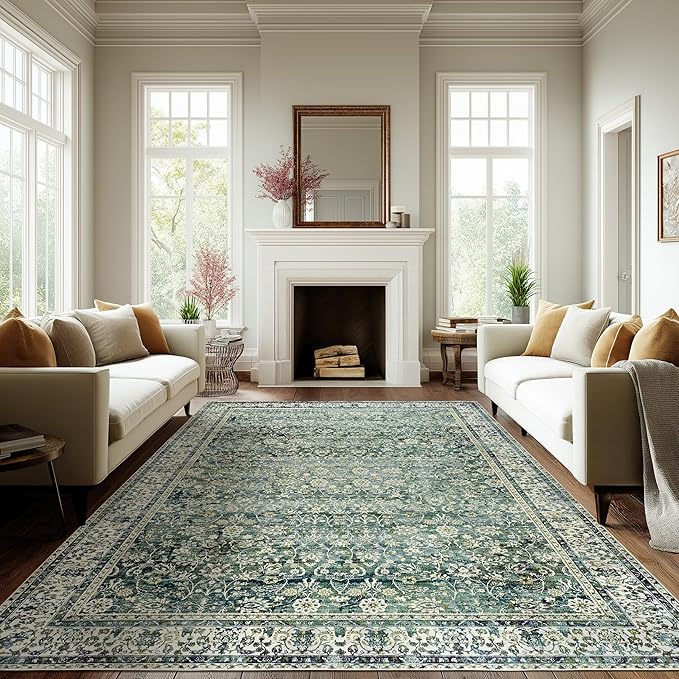 Dark Green Area Rugs 8x10 for Living Room Washable Non Slip Low Pile Blue and by BILEEHOME