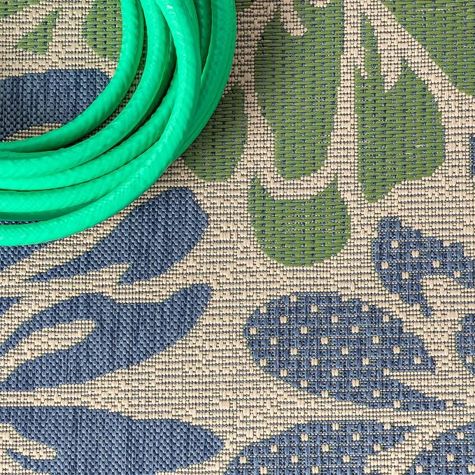 JONATHAN Y Floral Textured Weave Indoor Outdoor Round Area Rug 4 Ft Navy/Green - Image 3