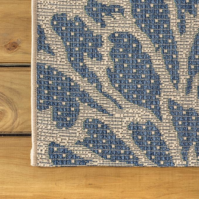 JONATHAN Y Floral Textured Weave Indoor Outdoor Round Area Rug 6 Ft Navy/Green - Image 7