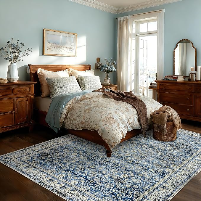 Blue Area Rug for Living Room 8x10 Washable Vintage Farmhouse Big Large Boho - Image 9