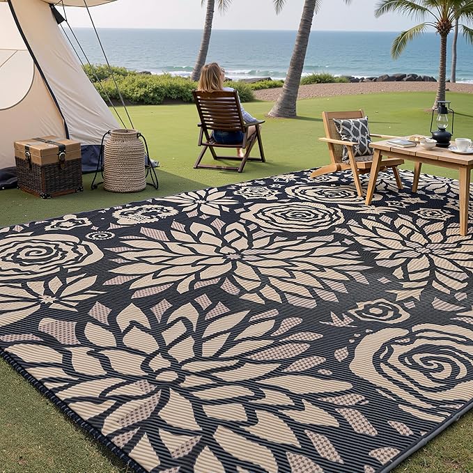 Outdoor Plastic Straw Rug Waterproof Patio 10x14 Black Brown Floral Mat - Image 3