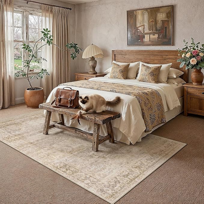 5x7 Washable Neutral Area Rug Beige Vintage Living Room Bedroom Carpet Non-Slip - Image 3