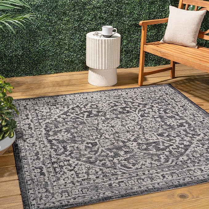 JONATHAN Y Boho Medallion Indoor Outdoor Square Area Rug 8X8 Black/Gray by JONATHANY