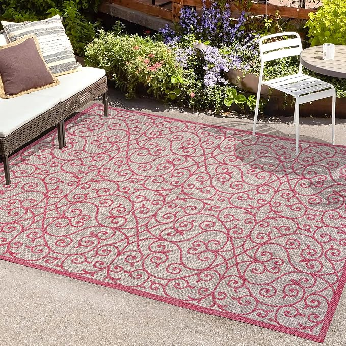 JONATHAN Y Vintage Filigree Indoor Outdoor Area Rug 5X8 Light Gray/Fuchsia - Image 4