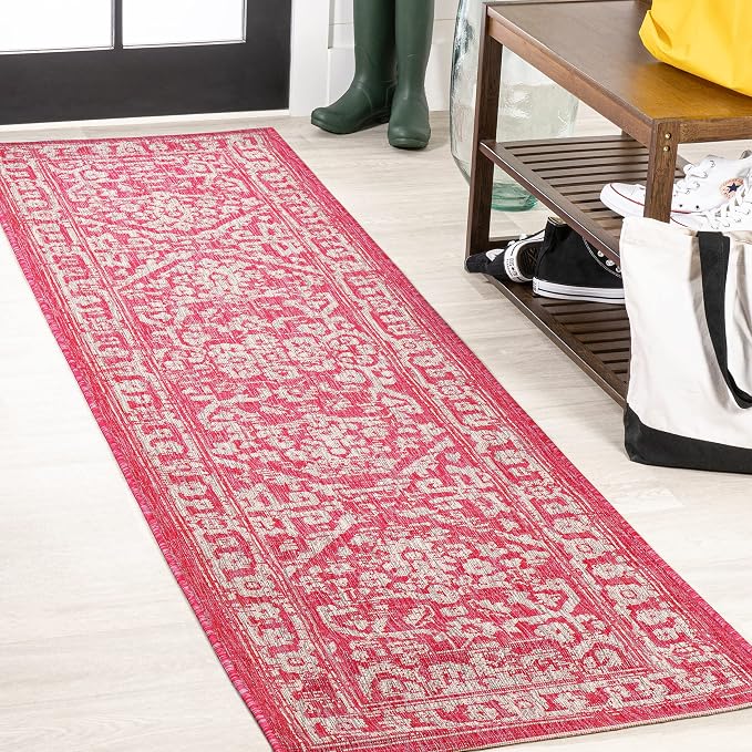 JONATHAN Y Boho Medallion Indoor Outdoor Runner Rug 2X10 Fuchsia/Light Gray by JONATHANY