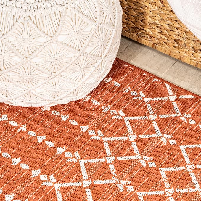 JONATHAN Y Moroccan Geometric Indoor Outdoor Round Area Rug 5 Ft Orange/Cream - Image 5