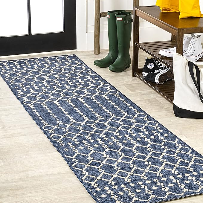 JONATHAN Y Moroccan Geometric Indoor Outdoor Runner Rug 2X10 Navy/Beige by JONATHANY