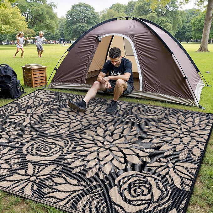 Outdoor Plastic Straw Rug Waterproof Patio 5x8 Black Brown Floral Mat - Image 4