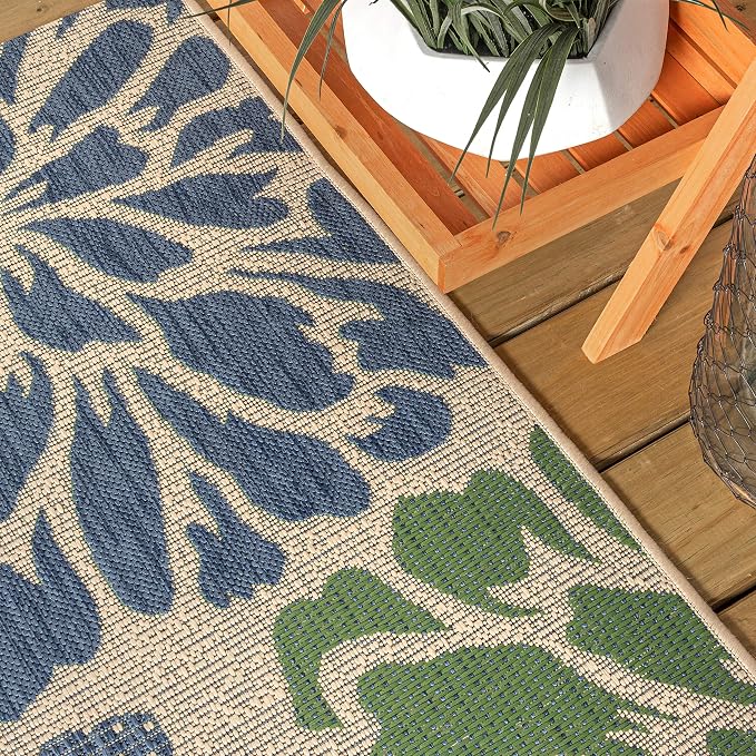 JONATHAN Y Floral Textured Weave Indoor Outdoor Round Area Rug 6 Ft Navy/Green - Image 3