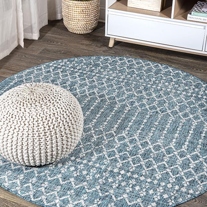 JONATHAN Y Moroccan Geometric Indoor Outdoor Round Area Rug 9 Ft Teal/Gray by JONATHANY