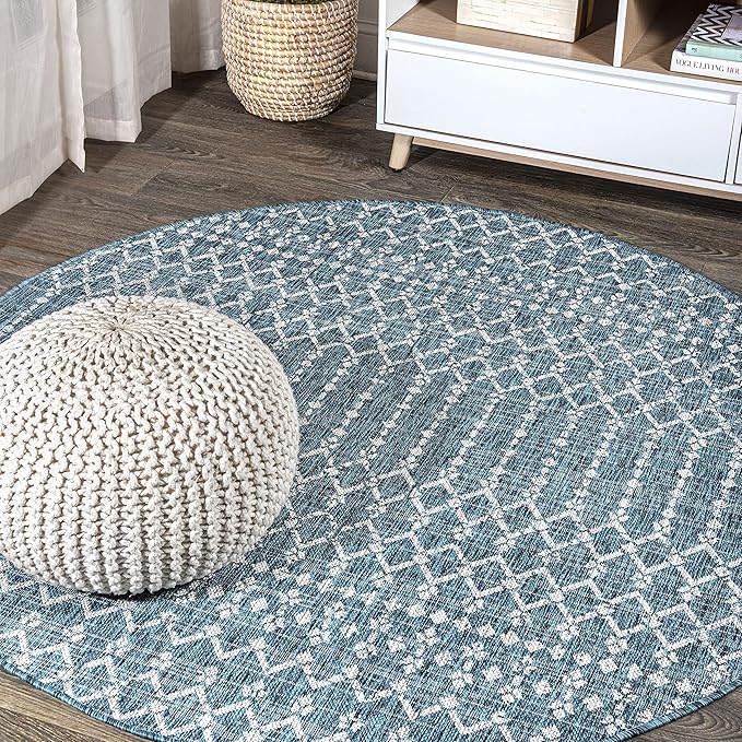 JONATHAN Y Moroccan Geometric Indoor Outdoor Round Area Rug 4 Ft Teal/Gray by JONATHANY