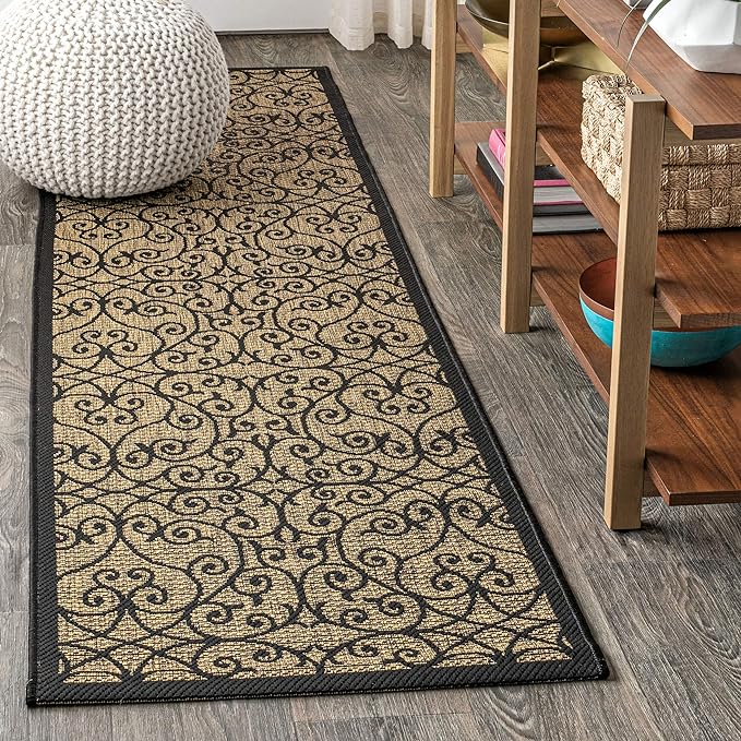 JONATHAN Y Vintage Filigree Indoor Outdoor Runner Rug 2X20 Black/Khaki by JONATHANY