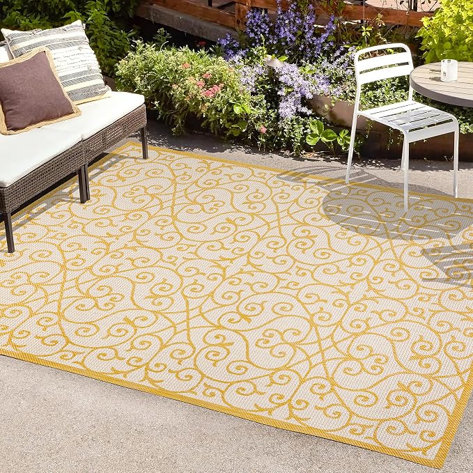 JONATHAN Y Vintage Filigree Indoor Outdoor Area Rug 9X12 Cream/Yellow, Madrid - Image 4