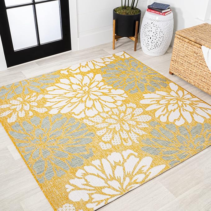 JONATHAN Y Floral Textured Weave Indoor Outdoor Square Area Rug 5X5 Yellow/Cream by JONATHANY