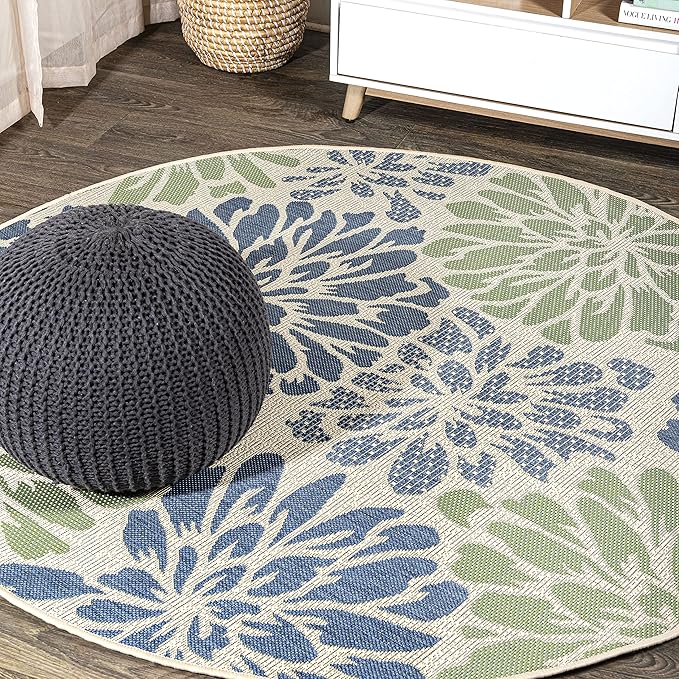 JONATHAN Y Floral Textured Weave Indoor Outdoor Round Area Rug 6 Ft Navy/Green by JONATHANY