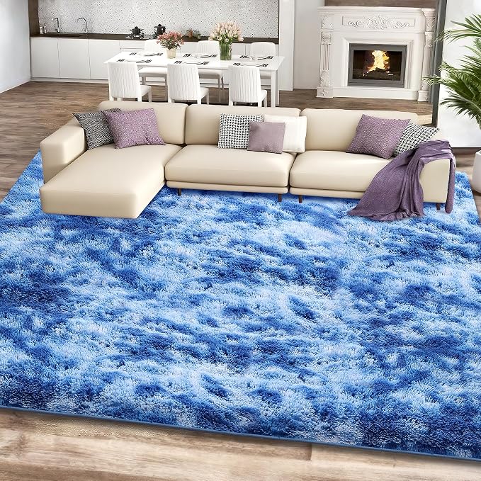 5x7 Area Rugs for Living Room, Tie-Dyed Blue Fluffy Shag Rug for Bedroom Boys - Image 2