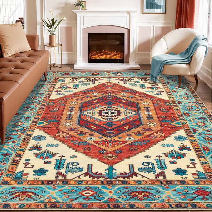 SERISSA Boho Area Rug 8x10 Orange, Washable Large Rugs by SERISSAHomeDecorCollection