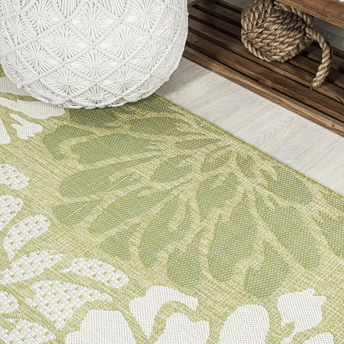 JONATHAN Y Floral Textured Weave Indoor Outdoor Round Area Rug 5 Ft Green/Cream - Image 3