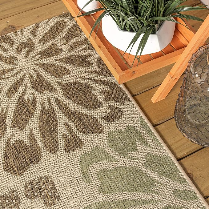 JONATHAN Y Floral Textured Weave Indoor Outdoor Round Area Rug 6 Ft Sage/Brown - Image 3