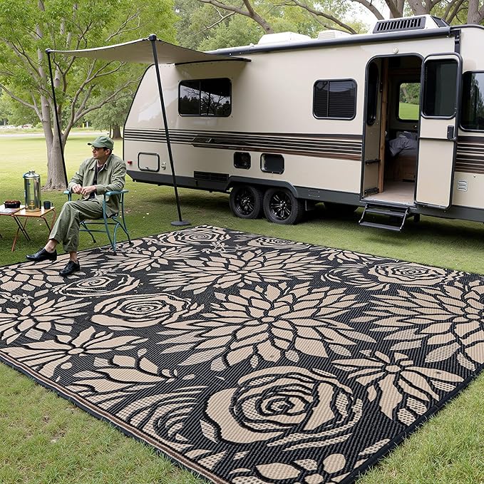 Outdoor Plastic Straw Rug Waterproof Patio 10x14 Black Brown Floral Mat - Image 2
