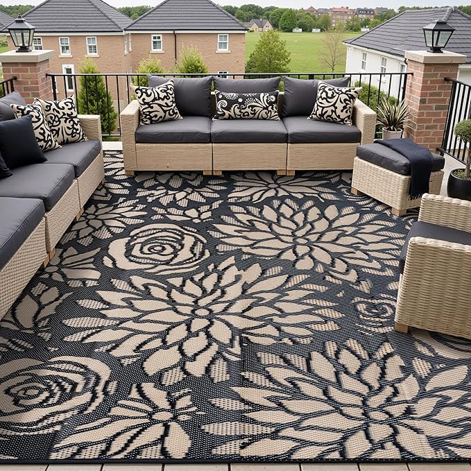 Outdoor Plastic Straw Rug Waterproof Patio 9x12 Black Brown Floral Mat by WondRg