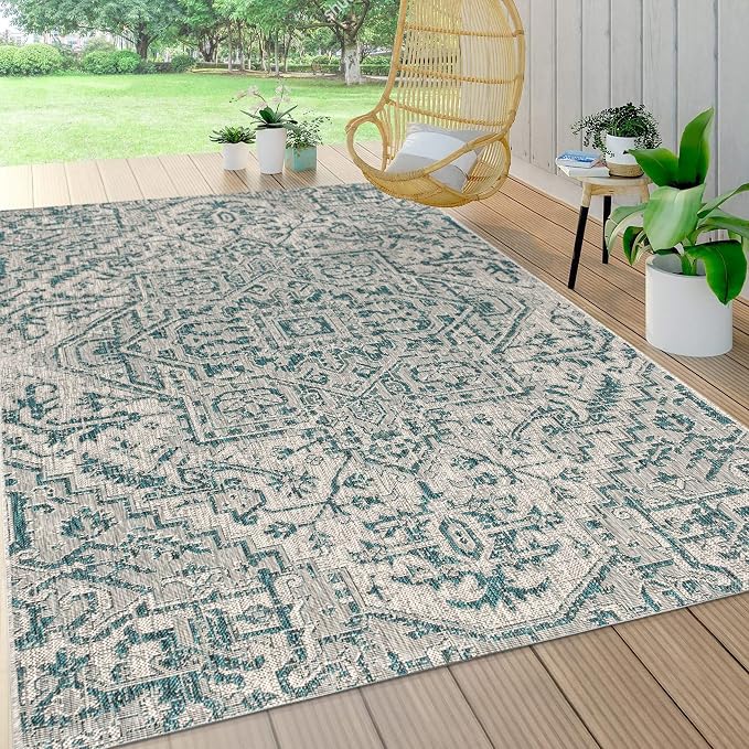 JONATHAN Y Boho Medallion Indoor Outdoor Area Rug 3X5 Teal/Gray, Estrella - Image 3