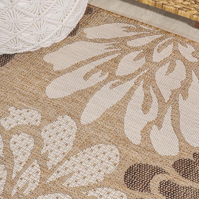JONATHAN Y Floral Textured Weave Indoor Outdoor Round Area Rug 6 Ft Brown/Cream - Image 6