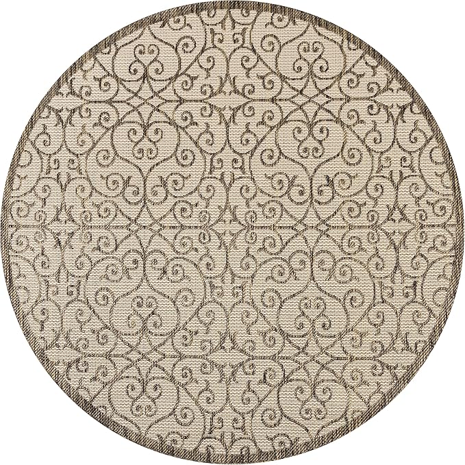 JONATHAN Y Vintage Filigree Indoor Outdoor Round Area Rug 8 Ft Beige/Brown - Image 9