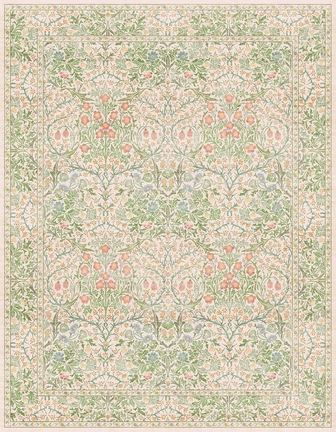 Hazo Haus Light Beige Green Floral Living Room Rug, 7x9 Washable Area Rug - Image 2