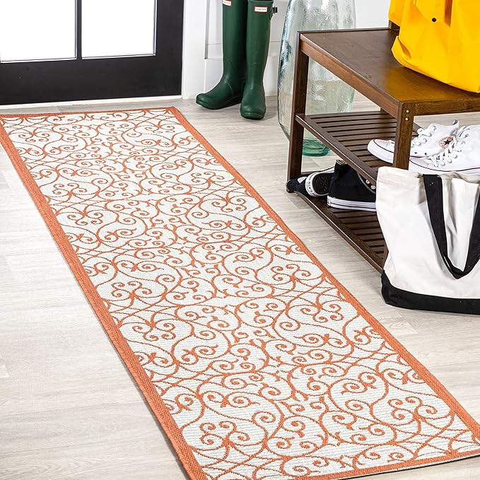 JONATHAN Y Vintage Filigree Indoor Outdoor Runner Rug 2X10 Cream/Orange by JONATHANY