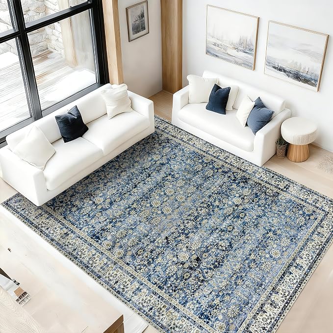 Blue Area Rug for Living Room 8x10 Washable Vintage Farmhouse Big Large Boho - Image 8