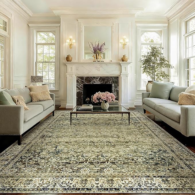 Olive and Tan Area Rugs Washable Rug by BILEEHOME