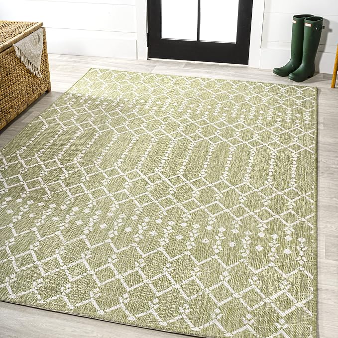 JONATHAN Y Moroccan Geometric Indoor Outdoor Area Rug 4X6 Light Green/Cream - Image 3