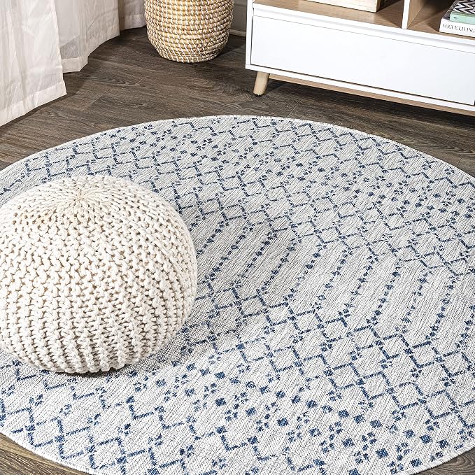 JONATHAN Y Moroccan Geometric Indoor Outdoor Round Area Rug 8 Ft Light Gray/Navy by JONATHANY