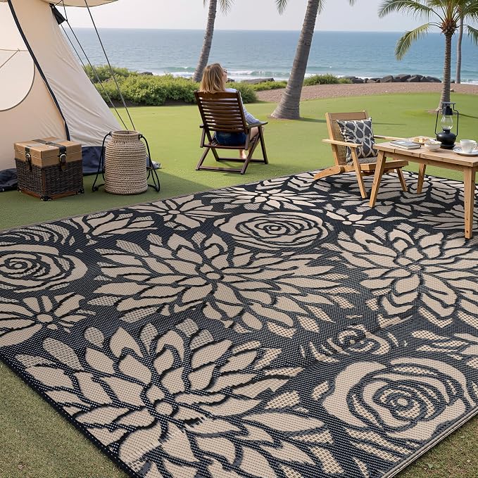 Outdoor Plastic Straw Rug Waterproof Patio 8x10 Black Brown Floral Mat - Image 4