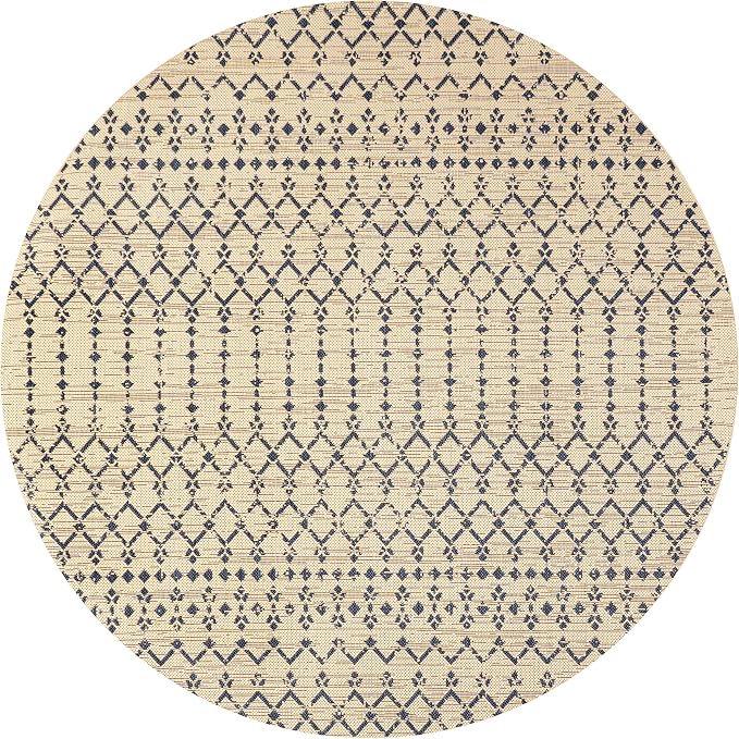 JONATHAN Y Moroccan Geometric Indoor Outdoor Round Area Rug 6 Ft Beige/Navy - Image 8