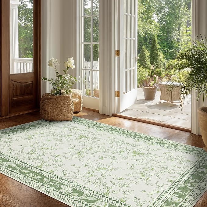 Green and Cream Area Rug 3x5 for Entryway Machine Washable Small Rug for Indoor - Image 7
