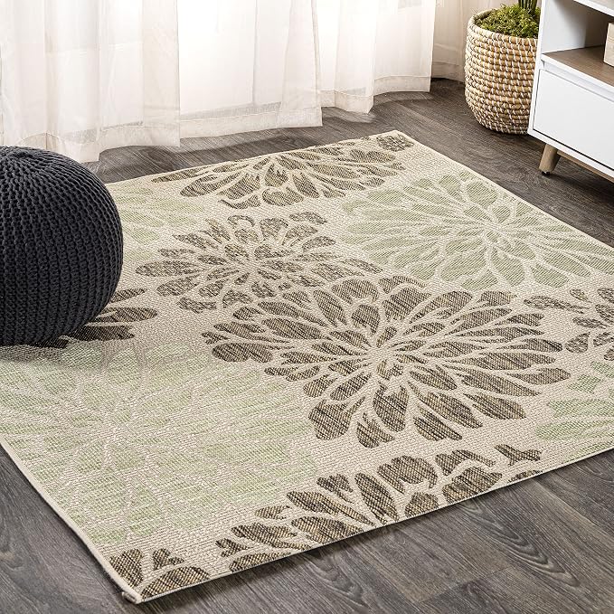 JONATHAN Y Floral Textured Weave Indoor Outdoor Square Area Rug 6X6 Sage/Brown by JONATHANY