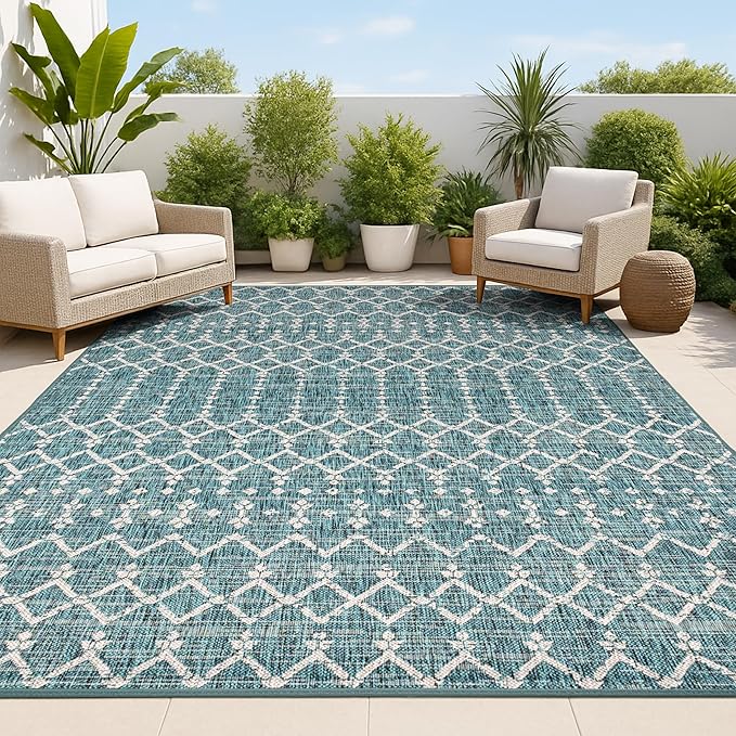 JONATHAN Y Moroccan Geometric Indoor Outdoor Area Rug 4X6 Teal/Gray, Ourika by JONATHANY