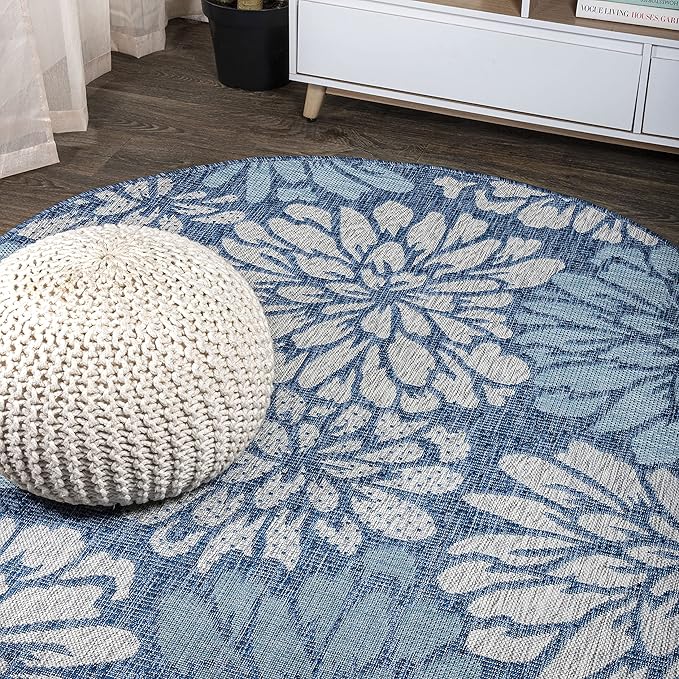 JONATHAN Y Floral Textured Weave Indoor Outdoor Round Area Rug 6 Ft Navy/Aqua by JONATHANY