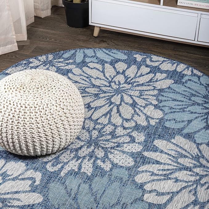 JONATHAN Y Floral Textured Weave Indoor Outdoor Round Area Rug 8 Ft Navy/Aqua by JONATHANY