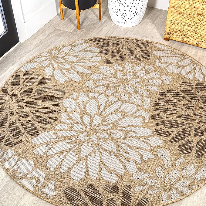 JONATHAN Y Floral Textured Weave Indoor Outdoor Round Area Rug 6 Ft Brown/Cream by JONATHANY