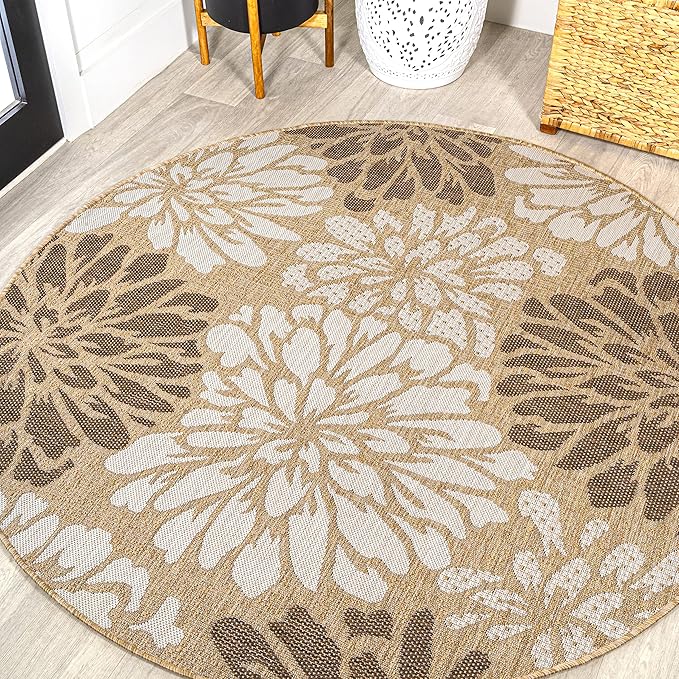 JONATHAN Y Floral Textured Weave Indoor Outdoor Round Area Rug 3 Ft Brown/Cream by JONATHANY