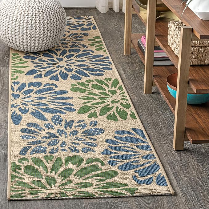 JONATHAN Y Floral Textured Weave Indoor Outdoor Runner Rug 2X14 Navy/Green by JONATHANY