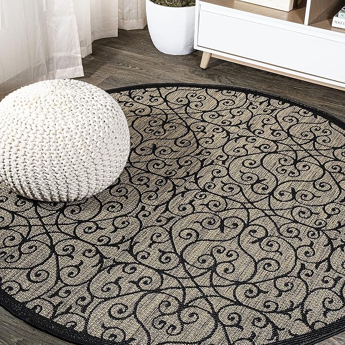 JONATHAN Y Vintage Filigree Indoor Outdoor Round Area Rug 3 Ft Black/Khaki by JONATHANY