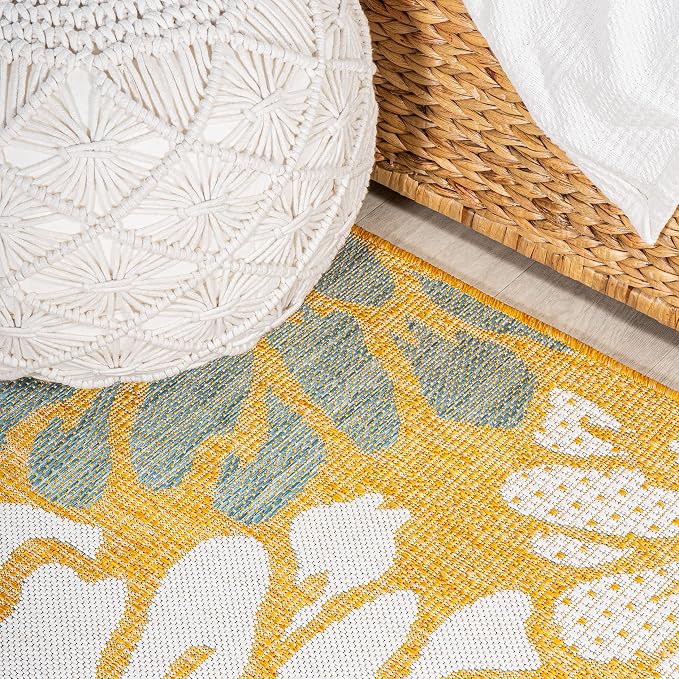 JONATHAN Y Floral Textured Weave Indoor Outdoor Round Area Rug 5 Ft Yellow/Cream - Image 3