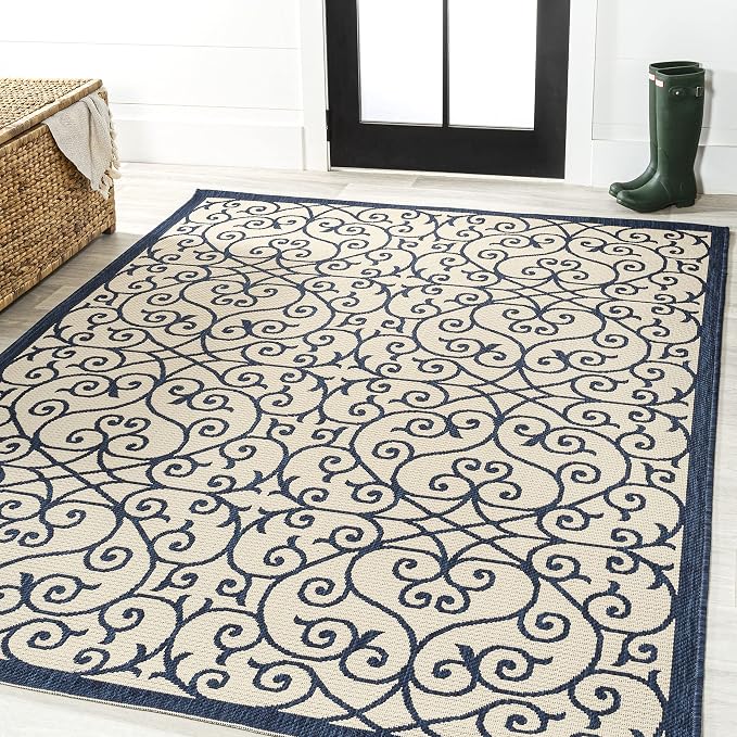 JONATHAN Y Vintage Filigree Indoor Outdoor Area Rug 4X6 Navy/Beige, Madrid - Image 3