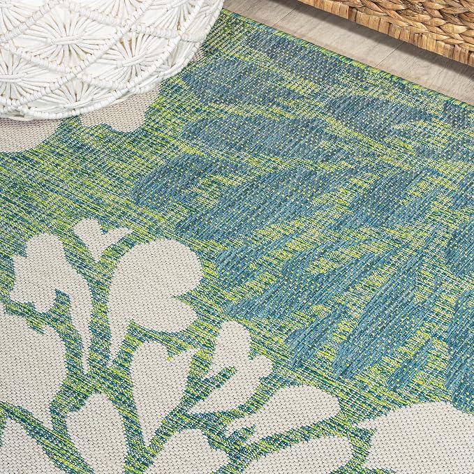 JONATHAN Y Floral Textured Weave Indoor Outdoor Round Area Rug 4 Ft Cream/Green - Image 6