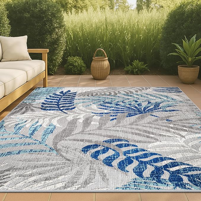 JONATHAN Y Tropics Palm Leaves Indoor Outdoor Area Rug 5X8 Gray/Blue, Boho - Image 4